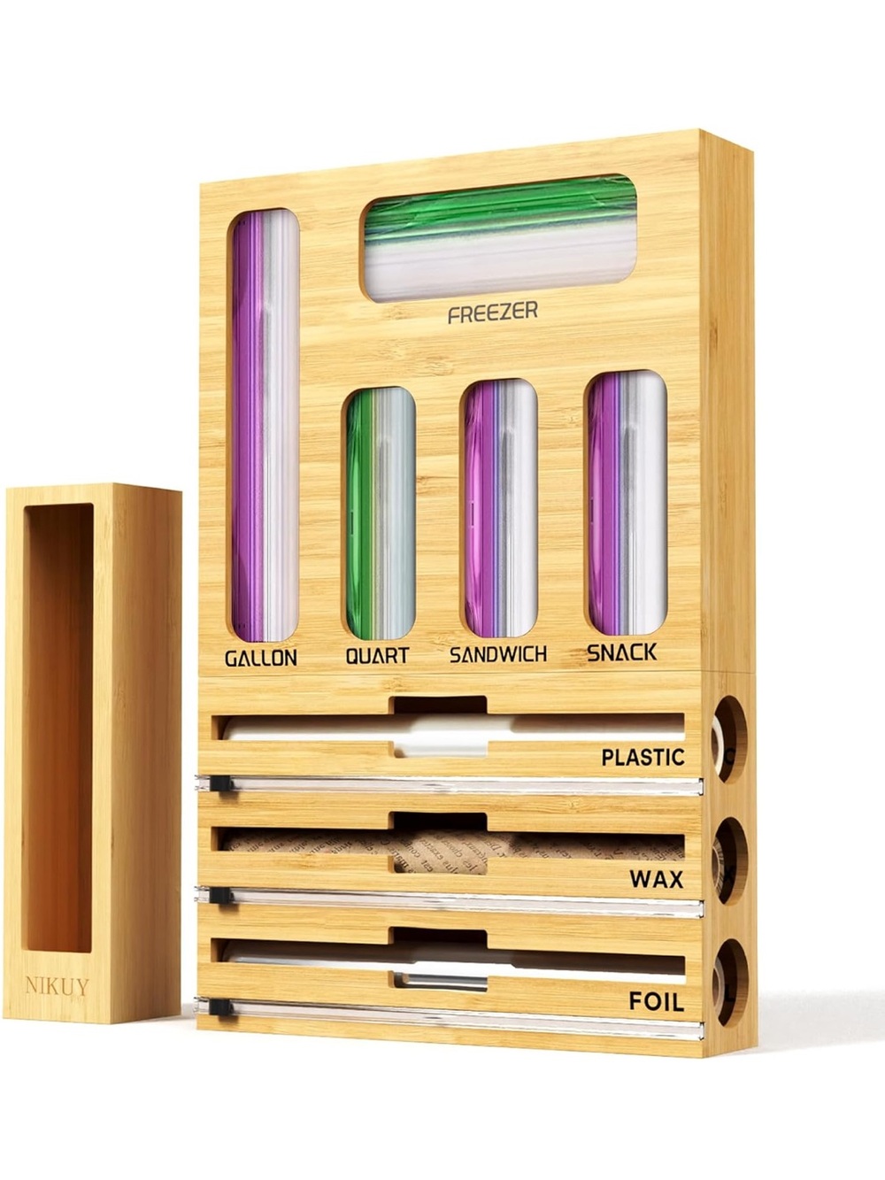 New Open Box 9 IN 1 Bamboo Foil and Plastic Wrap Organizer for Kitchen Drawer
